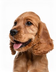 笑顔のイングリッシュ・コッカー・スパニエルの子犬のポートレート（Portrait of a smiling English Cocker Spaniel puppy on white background）
