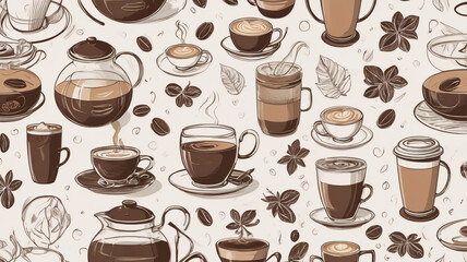 Seamless Coffee Pattern with Hand-Drawn Cups, Pots, and Leaves on Light Background
