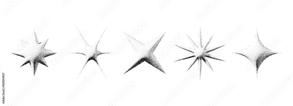 Poster black stippled star collection. 3d dotted textured flares and sparkles set. halftone grainy noise st