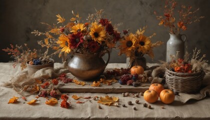 Autumnal still life featuring vibrant blooms and rustic decor on a wooden table © Andrey