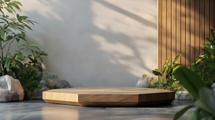wood podium stand with shadow background and green plants