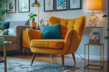 Stylish modern armchair in living room with yellow color, flanked by brass lamps, framed pictures above, small side cabinet, decorative glass jar with colored rocks, and golden metal base lamp.