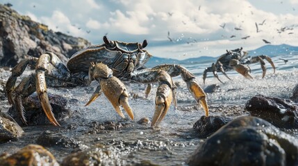 Crabs scuttling across a rocky seashore, capturing their industrious and adaptive nature.