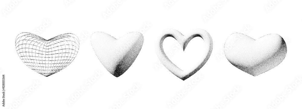 Poster dotted 3d heart shape collection. black stippled gradient heart set. y2k dot work grain grunge desig