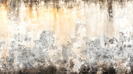 An aged, grungy concrete wall with a textured, vintage appearance and rust spots, featuring a worn, patterned wallpaper design