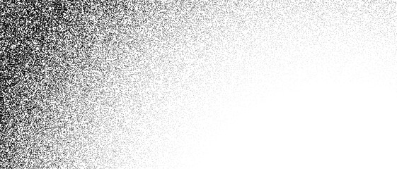 Black stippled gradient texture. Grunge dotted noise background. Black gritty splattered sand overlay. Curved distressed sprayed dot work grain with specks, dust, dots, speckles. Vector halftone