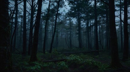 Obraz premium Dense forest illuminated by soft light during twilight, showcasing tall trees and a misty atmosphere