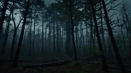 Fototapeta premium Mysterious misty forest at dusk with towering trees and fallen branches