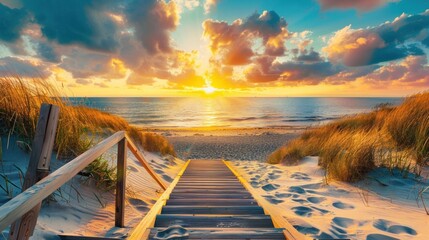 Scenic staircase leading to a sandy beach at sunset with beautiful sand dunes and colorful sky A tranquil seaside getaway