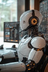 Fototapeta premium White humanoid robot wearing headphones sits at a desk in a modern office, analyzing data on computer screens.