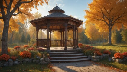 Obraz premium Enchanting gazebo surrounded by vibrant orange flowers under autumn sunlight at a serene park
