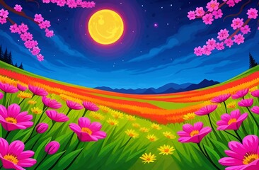 Fototapeta premium Beautiful and Peaceful Nature Scenery Illustration, Landscape, Countryside, Tranquil, Vibrant and Colorful