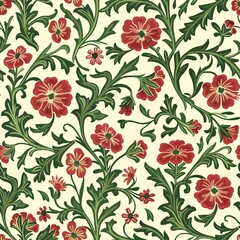Seamless pattern of red flowers and green foliage on a cream background.