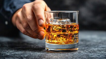 hand grips a whisky glass on a dimly lit surface, symbolizing the struggles of alcoholism. The empty background emphasizes the isolation, inviting reflection on the impact of addiction