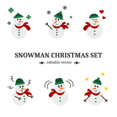 Snowman Christmas set featuring six characters in different moods, wearing green hood and red scarf. Winter season cartoon flat design icon collection, editable EPS vector for december holiday.