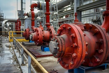 Red industrial pump with a bolted flange at an industrial facility.