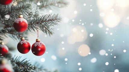 two red ornaments hanging tree white grey background streaming surfaces blemishes softened diffuse