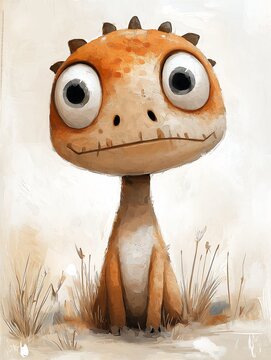 cartoon dinosaur big eyes sitting grass anthropomorphic gecko fairy circles taupe portrait princess lifelike coherent baseman newts