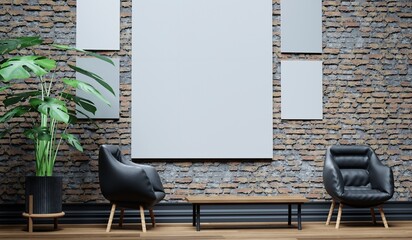 Studio room, photo exhibition, wooden floor, old brick wall, simple scene, floor and wall, 3D rendering