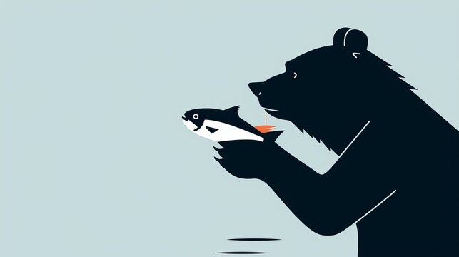 Bear holding fish, minimalistic approach, 2D vector illustration, simple shapes and lines, plain background