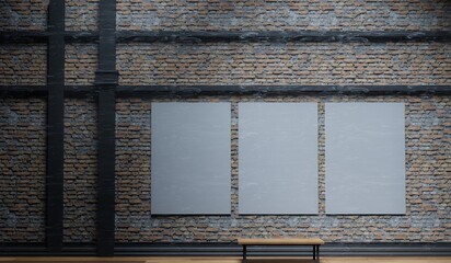 Studio room, photo exhibition, wooden floor, old brick wall, simple scene, floor and wall, 3D rendering