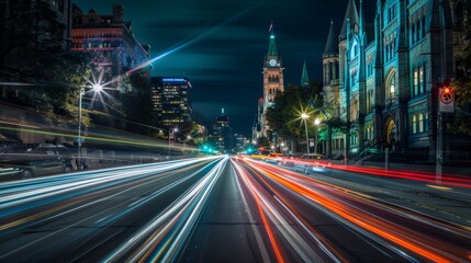 Obraz premium Dynamic Night Cityscape with Light Trails from Traffic on a Busy Urban Street