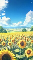 Fototapeta premium Sun-Kissed Enchantment: Anime-Style Sojourn Through a Golden Sunflower Field, Perfect for Seasonal Travel Posters and Summertime Wonder,anime-style,illustration,Picture BooksFor Poster,Novel,UI,WEB,Ga
