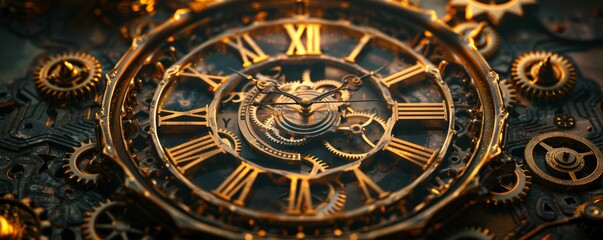 Naklejka premium Intricate Steampunk Clock with Gears and Roman Numerals in Warm Golden Light
