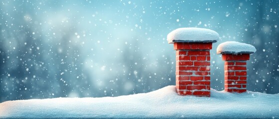 Snow-covered rooftop with chimneys, flat design illustration