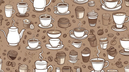 Seamless Pattern of Coffee Cups, Coffee Beans, and Teapots on Brown Background
