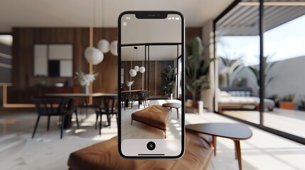 A smartphone displaying a photo of a modern living room with a leather couch in the foreground and a dining room in the background, on a wooden floor with natural lighting.