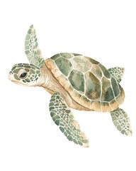 Cute watercolor sea turtle in soft green and beige colors for kids' rooms.