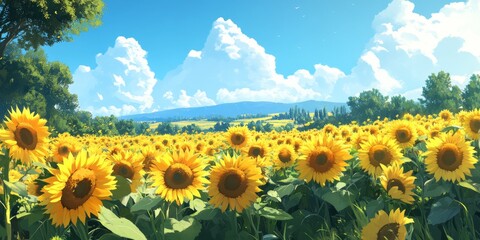 Obraz premium Sun-Kissed Enchantment: Anime-Style Sojourn Through a Golden Sunflower Field, Perfect for Seasonal Travel Posters and Summertime Wonder,anime-style,illustration,Picture BooksFor Poster,Novel,UI,WEB,Ga