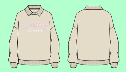 Varsity college graphic Los Angeles California Ladies oversized drop shoulder winter terry fleece ecru colour urban style collar sweatshirt flat sketch outline vector fashion illustration template. © MdAbir