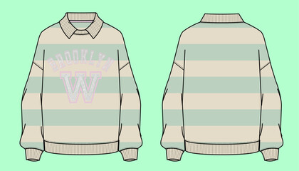  Varsity college graphic Brooklyn Ladies oversized drop shoulder winter terry fleece stripe collar urban sweatshirt flat sketch outline vector fashion illustration template.  © MdAbir