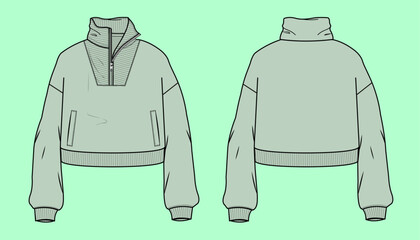 Ladies half zip through winter terry fleece funnel neck drop shoulder crop sweatshirt flat sketch outline vector fashion illustration template. © MdAbir