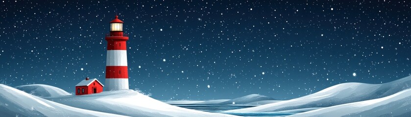 Snow-covered lighthouse on winter coast, flat design illustration