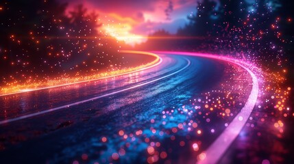 Obraz premium Neon-Lit Curved Road at Dusk with Sparkling Lights and Vibrant Colors in a Dreamlike Landscape