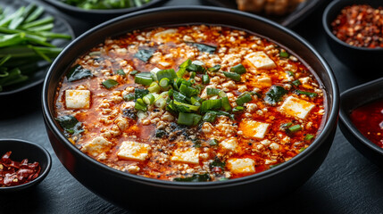 mapo tofu, showcasing the vibrant colors of the dish with a blank space on the side for text or design, inviting customization