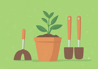 Nature's Touch: Plant Pot Surrounded by Gardening Tools in a Natural Setting