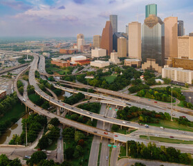 The Interstate I45 freeway and skyscrapers in downtown Houston, Texas, United States of America.