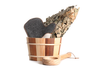 Wooden bucket with broom for sauna, felt glove and ladle on white background