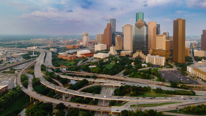 The Interstate I45 freeway and skyscrapers in downtown Houston, Texas, United States of America.