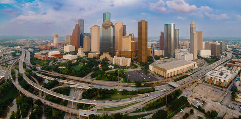 Obraz premium The Interstate I45 freeway and skyscrapers in downtown Houston, Texas, United States of America.
