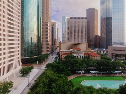 Skyscrapers in downtown Houston and Hermann Square at sunset, Texas, United States of America.