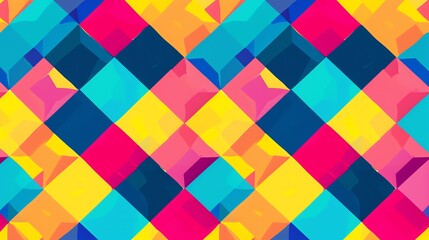 An abstract geometric pattern with squares in blue, yellow, pink, and red.