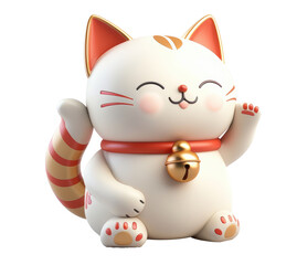 A white cat with a bell around its neck is smiling and waving