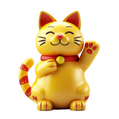 A yellow cat with a red collar is waving its paw. The cat is smiling and he is happy