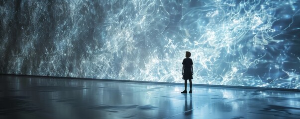 Child Gazing at Mesmerizing Digital Art Installation in Modern Gallery with Blue and White Light Patterns