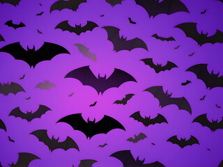 abstract neon Holographic Halloween Bat flat pattern neon purple bat silhouette on violet gradient background